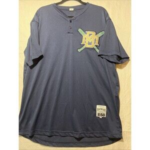 Milwaukee Brewers Baseball Jersey SS Button Navy Mesh CBS News 58 Promo Mens XL